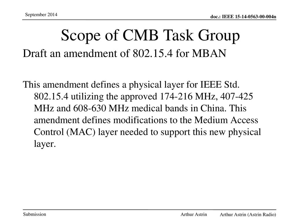 Scope of CMB Task Group Draft an amendment of for MBAN