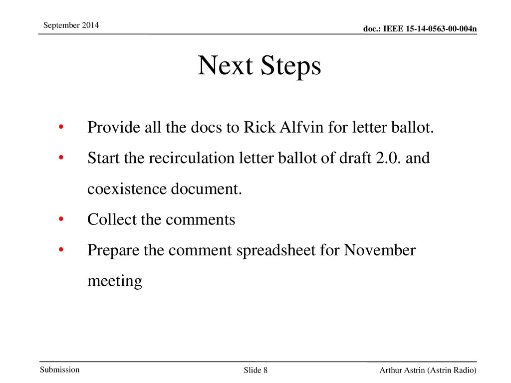 Next Steps Provide all the docs to Rick Alfvin for letter ballot.