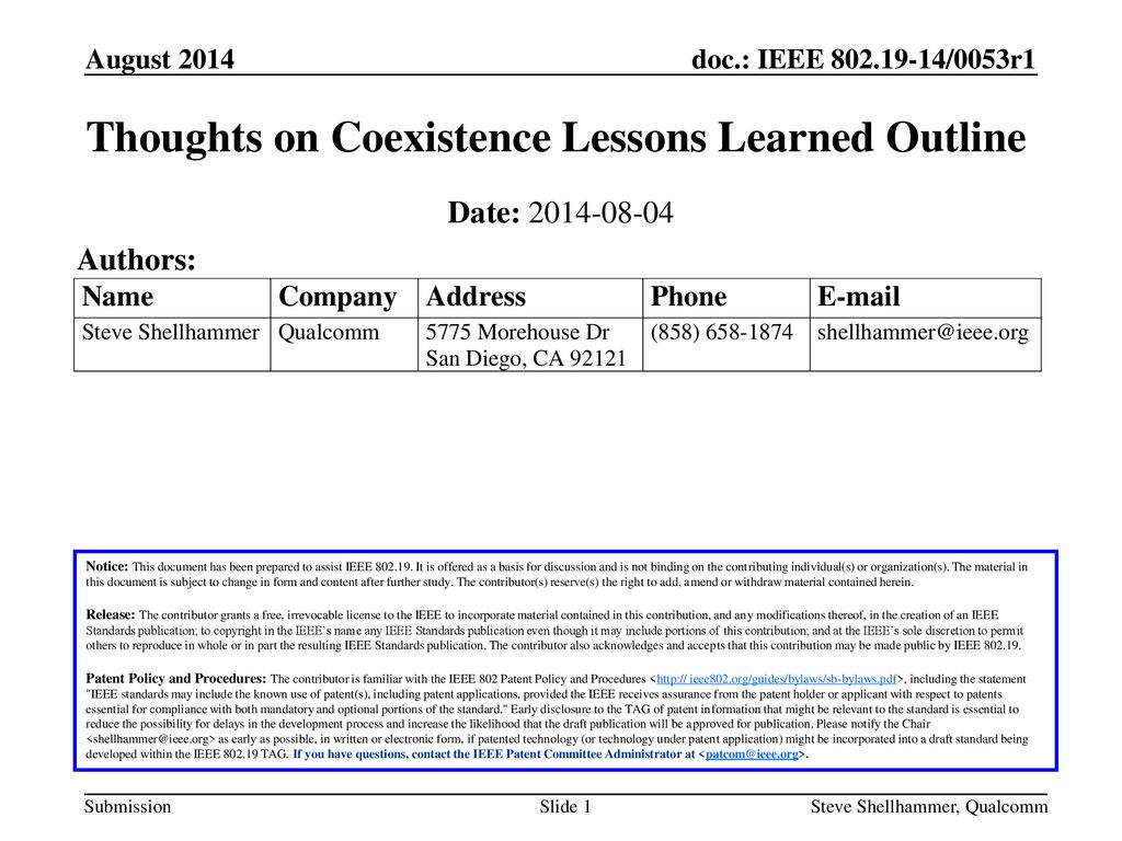 Thoughts on Coexistence Lessons Learned Outline