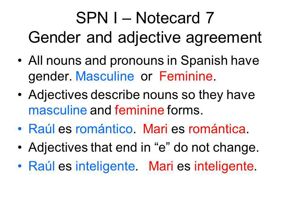 SPN I – Notecard 7 Gender and adjective agreement