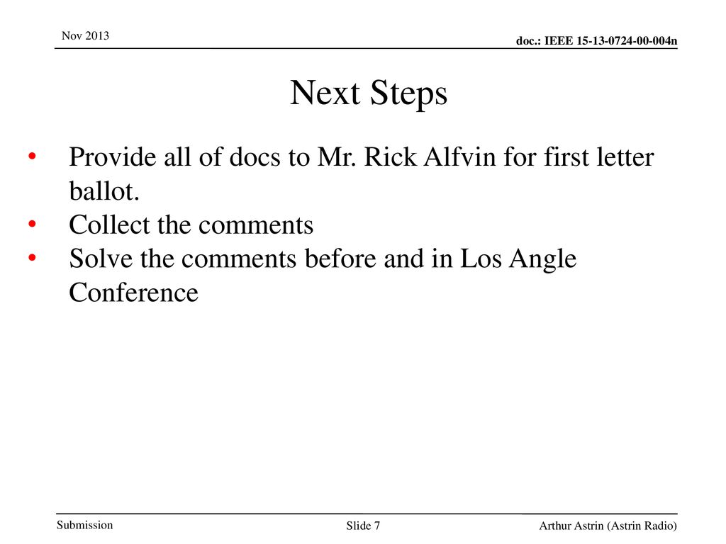 Jul 12, /12/10. Next Steps. Provide all of docs to Mr. Rick Alfvin for first letter ballot.