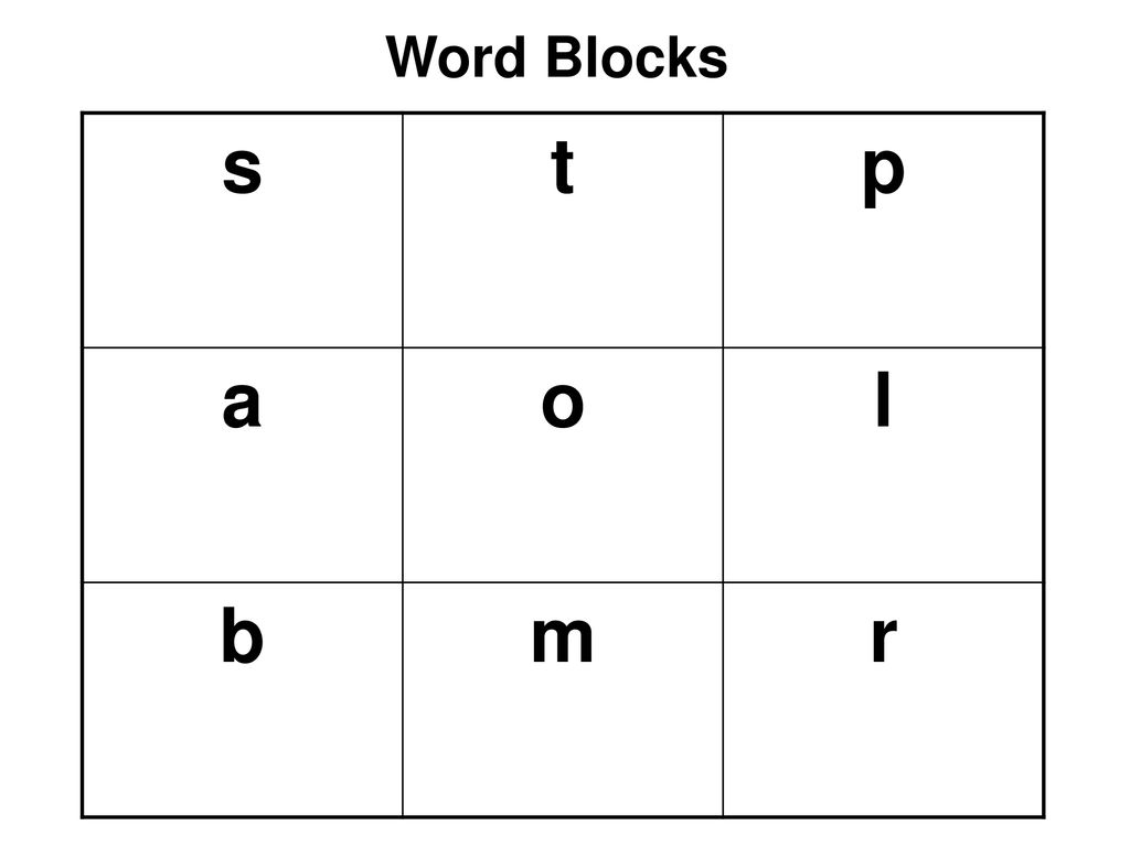 Word Blocks s. t. p. a. o. l. b. m. r. Object of game: chn to combine the letters – making as many words as possible.