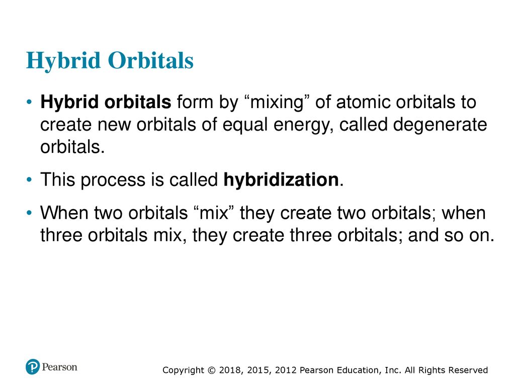 Hybrid Orbitals Hybrid orbitals form by mixing of atomic orbitals to create new orbitals of equal energy, called degenerate orbitals.