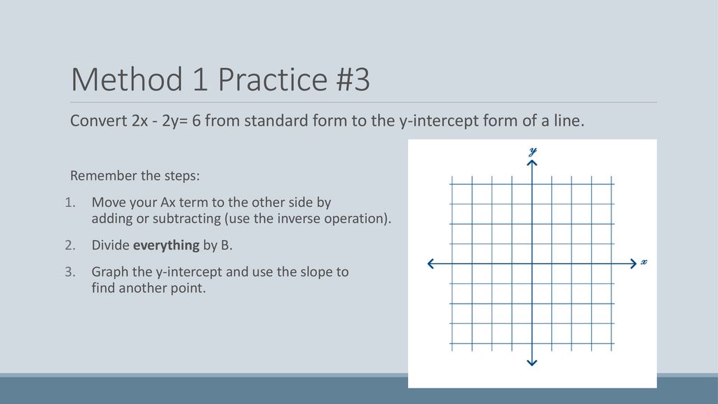 Method 1 Practice #3 Convert 2x - 2y= 6 from standard form to the y-intercept form of a line. Remember the steps: