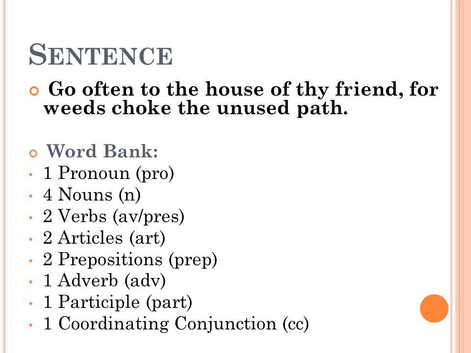 Sentence Go often to the house of thy friend, for weeds choke the unused path. Word Bank: 1 Pronoun (pro)