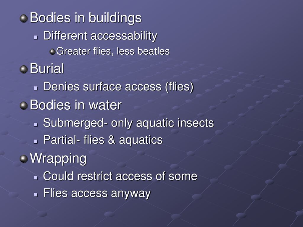 Bodies in buildings Burial Bodies in water Wrapping