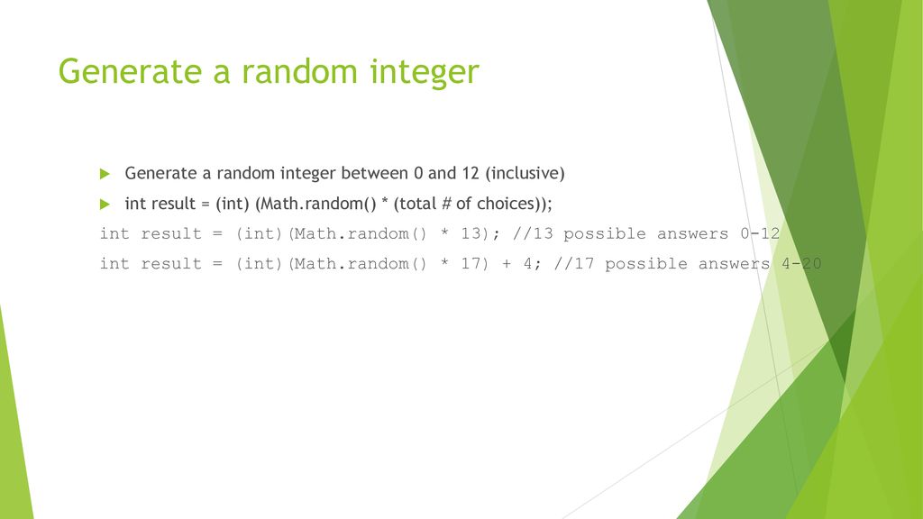 The Math class The java.lang.Math class contains methods for performing ...