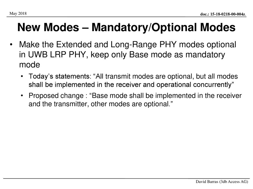 New Modes – Mandatory/Optional Modes