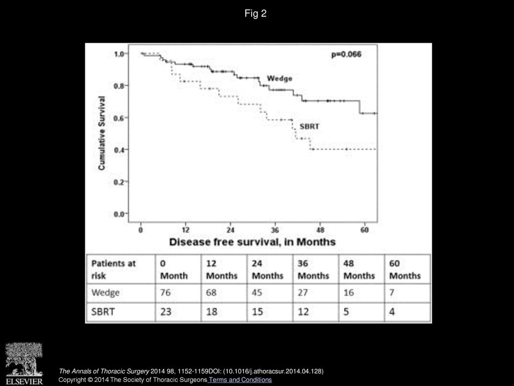 Fig 2 Disease-free survival of wedge and stereotactic body radiotherapy (SBRT) for early stage non-small cell lung cancer.