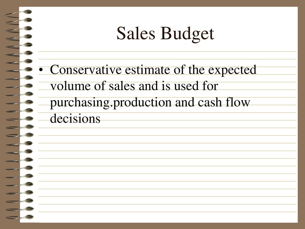 Sales Budget Conservative estimate of the expected volume of sales and is used for purchasing.production and cash flow decisions.