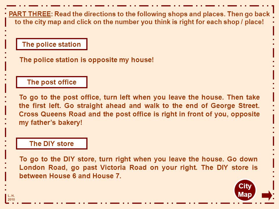 The police station The post office The DIY store City Map