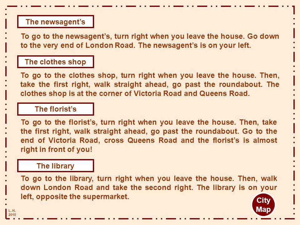 The newsagent’s The clothes shop The florist’s The library City Map