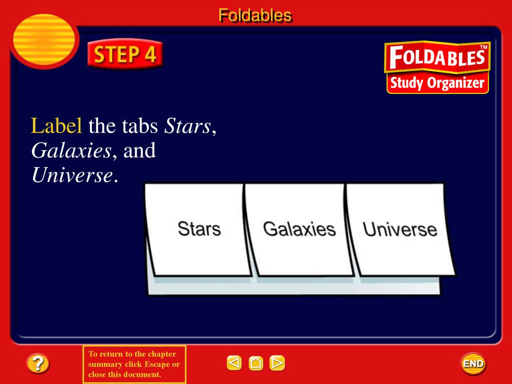 Label the tabs Stars, Galaxies, and Universe.