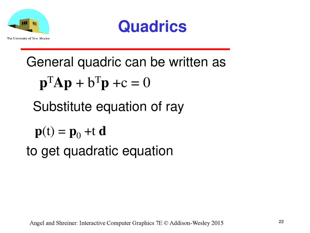 Substitute equation of ray p(t) = p0 +t d