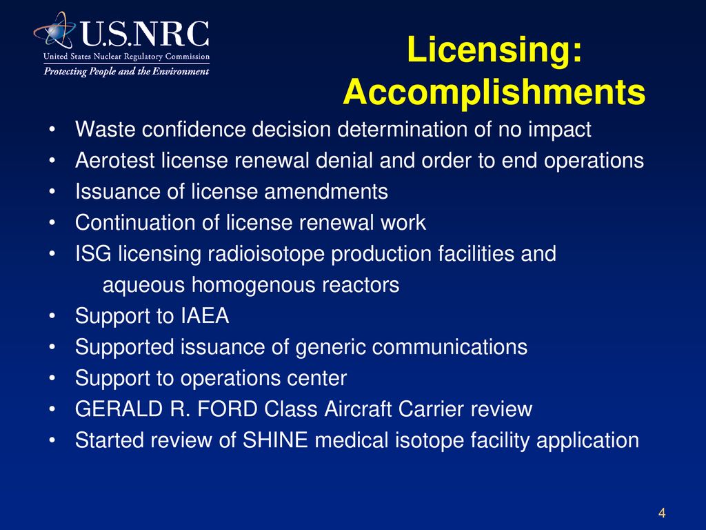Licensing: Accomplishments
