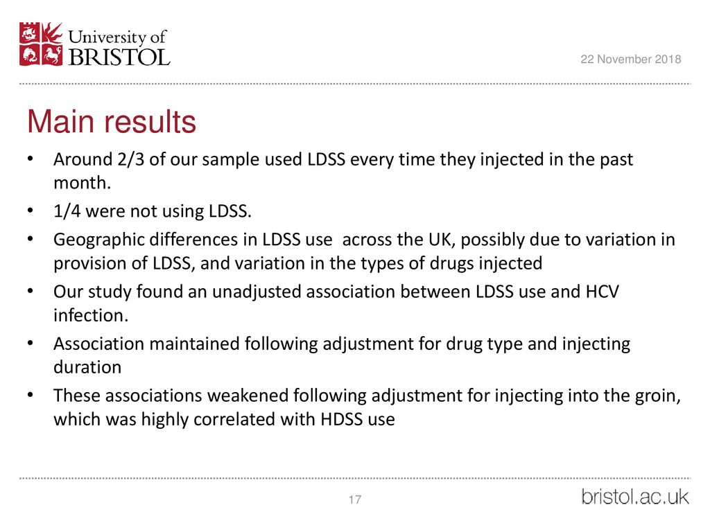 22 November 2018 Main results. Around 2/3 of our sample used LDSS every time they injected in the past month.