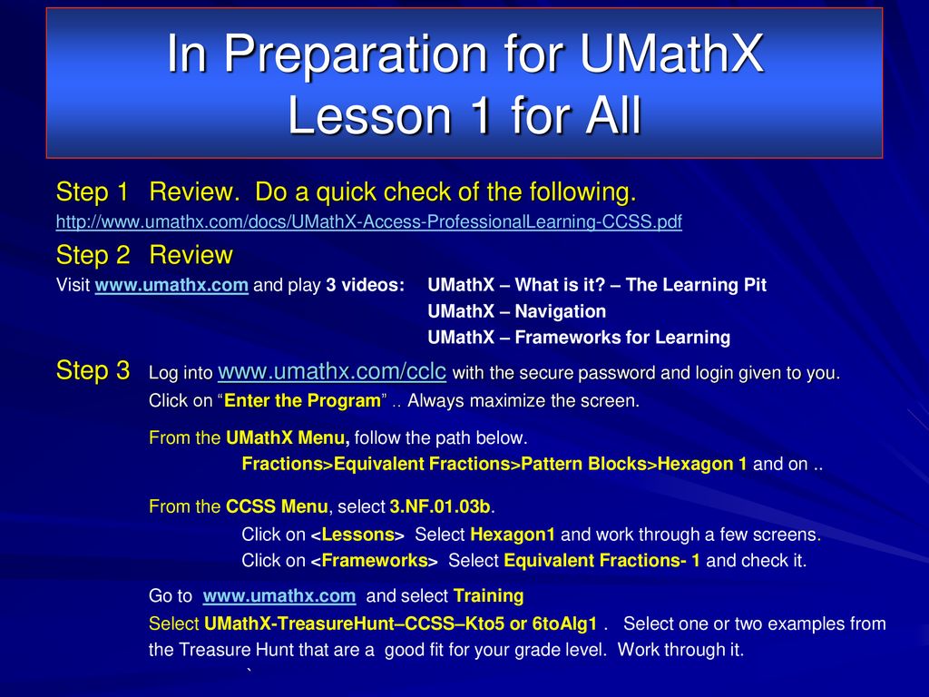 In Preparation for UMathX Lesson 1 for All