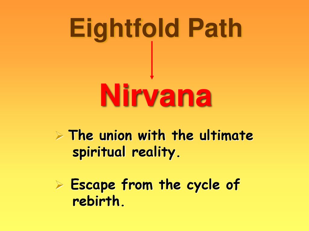Nirvana Eightfold Path The union with the ultimate spiritual reality.