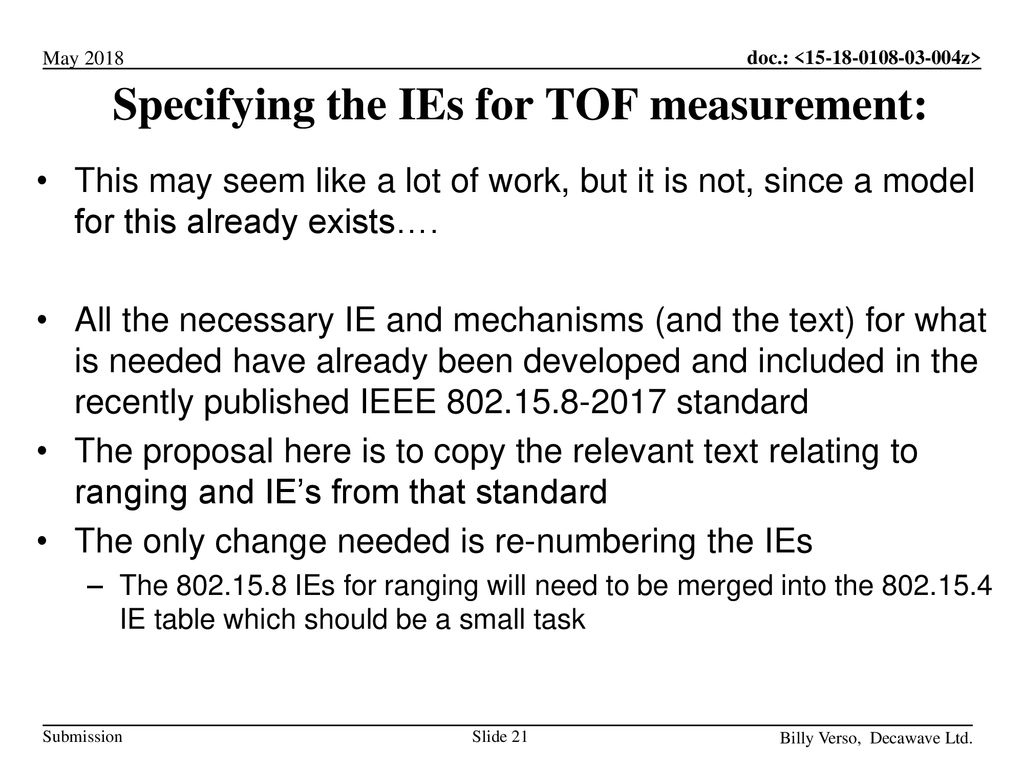 Specifying the IEs for TOF measurement: