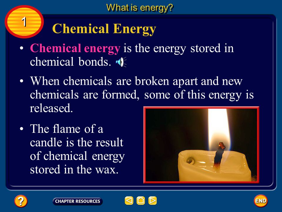 What is energy 1. Chemical Energy. Chemical energy is the energy stored in chemical bonds.