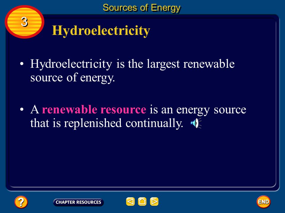 Sources of Energy 3. Hydroelectricity. Hydroelectricity is the largest renewable source of energy.