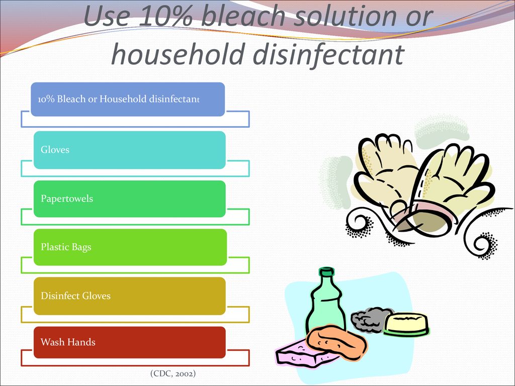 Use 10% bleach solution or household disinfectant