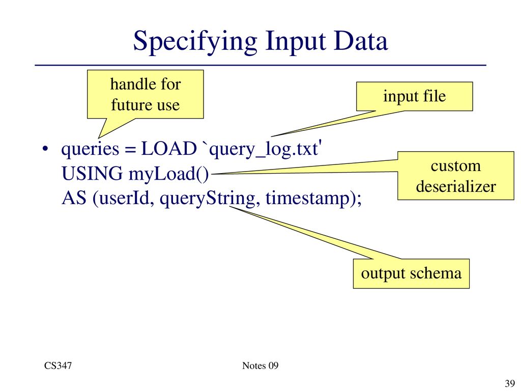 Specifying Input Data handle for future use. input file. queries = LOAD `query_log.txt USING myLoad() AS (userId, queryString, timestamp);