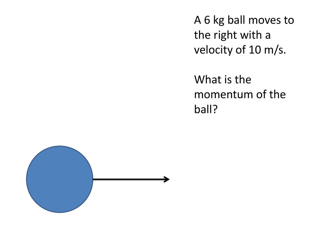 A 6 kg ball moves to the right with a velocity of 10 m/s.