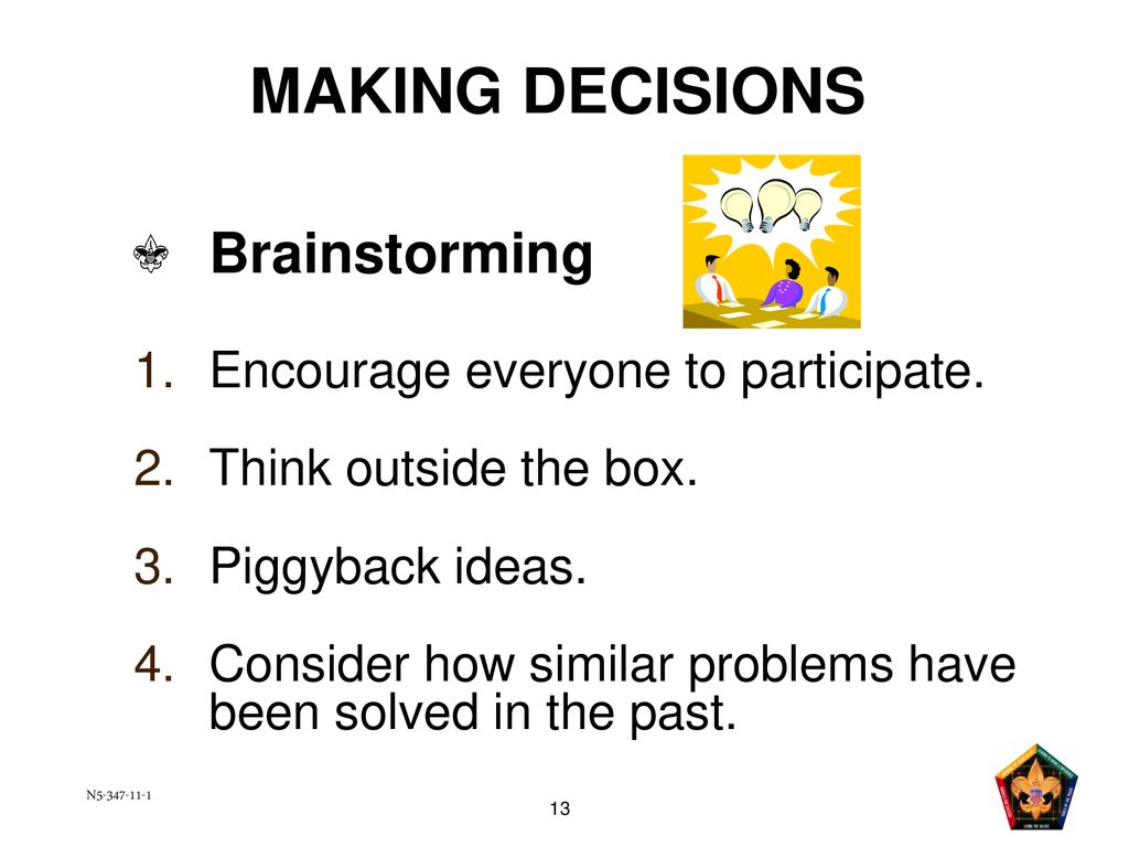 MAKING DECISIONS Brainstorming Encourage everyone to participate.