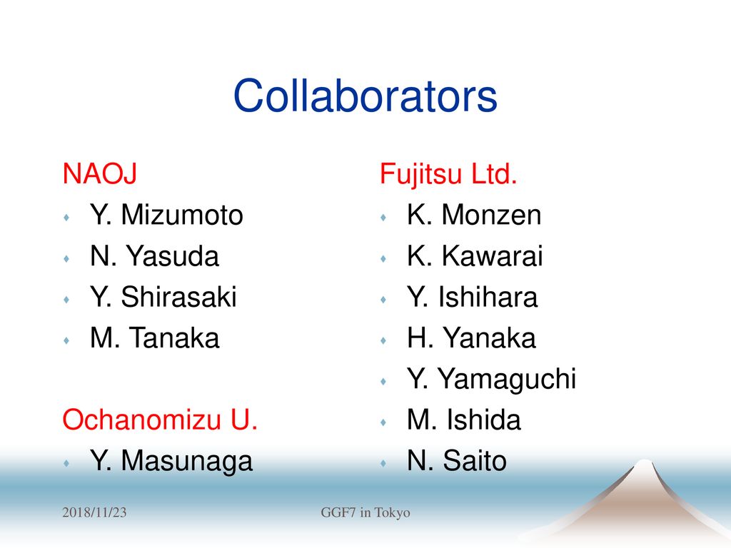 Collaborators NAOJ Y. Mizumoto N. Yasuda Y. Shirasaki M. Tanaka