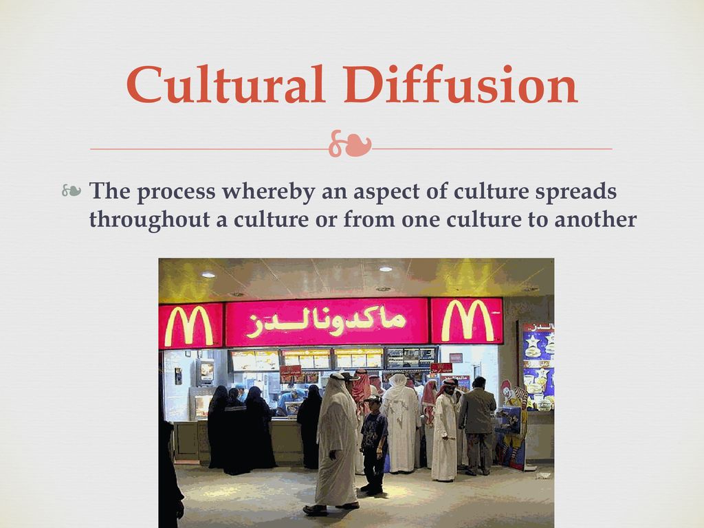 Cultural Diffusion The process whereby an aspect of culture spreads throughout a culture or from one culture to another.