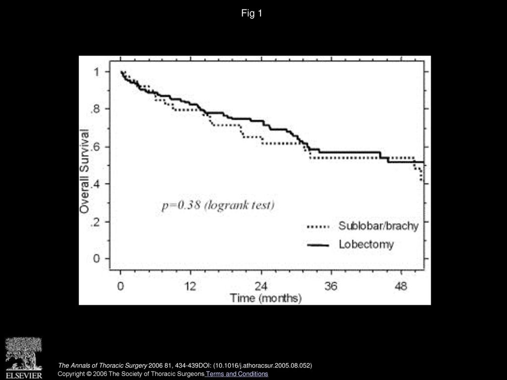 Fig 1 Overall survival, lobectomy group (solid line) and sublobar/brachytherapy group (dotted line).