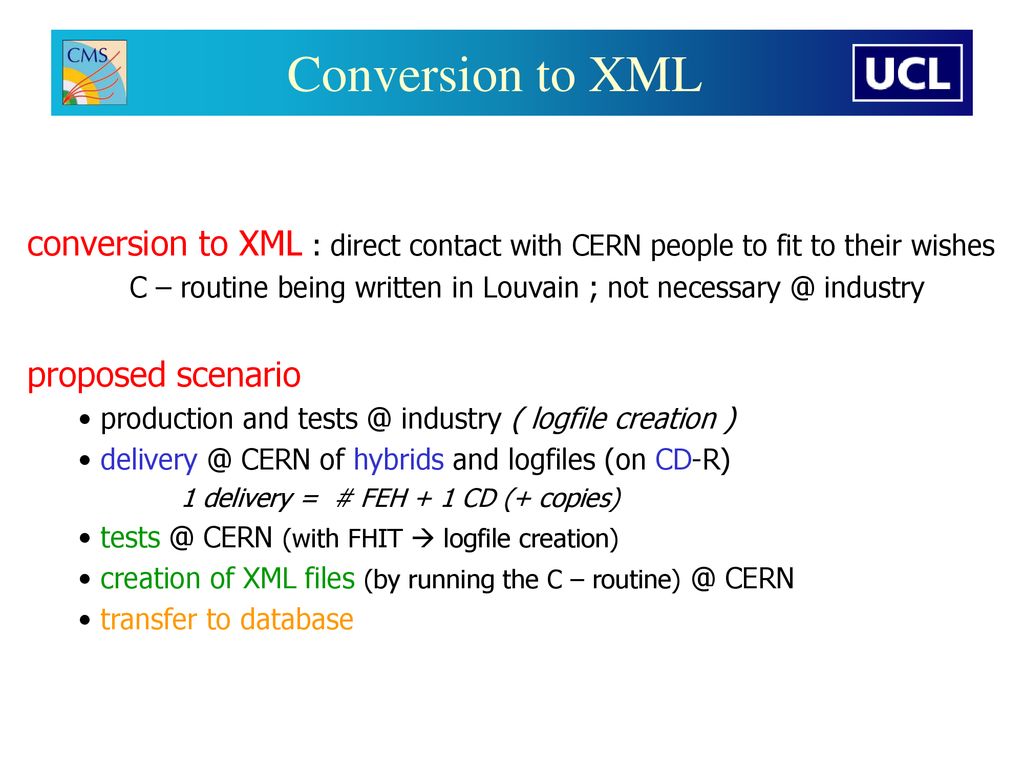 Conversion to XML conversion to XML : direct contact with CERN people to fit to their wishes.