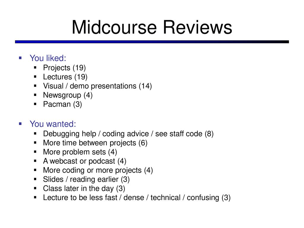 Midcourse Reviews You liked: You wanted: Projects (19) Lectures (19)