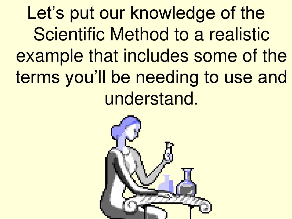 Let’s put our knowledge of the Scientific Method to a realistic example that includes some of the terms you’ll be needing to use and understand.