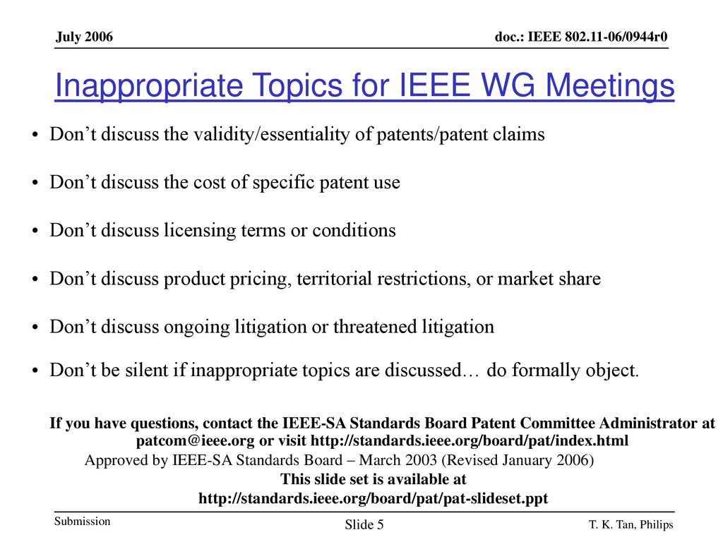 Inappropriate Topics for IEEE WG Meetings