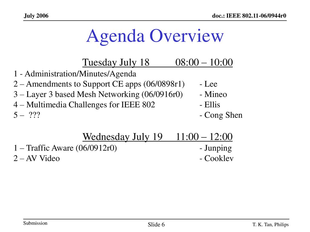 Agenda Overview Tuesday July 18 08:00 – 10:00