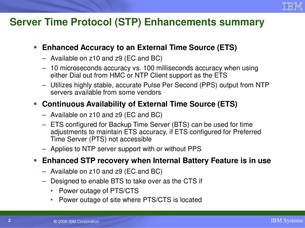 Server Time Protocol (STP) Enhancements summary