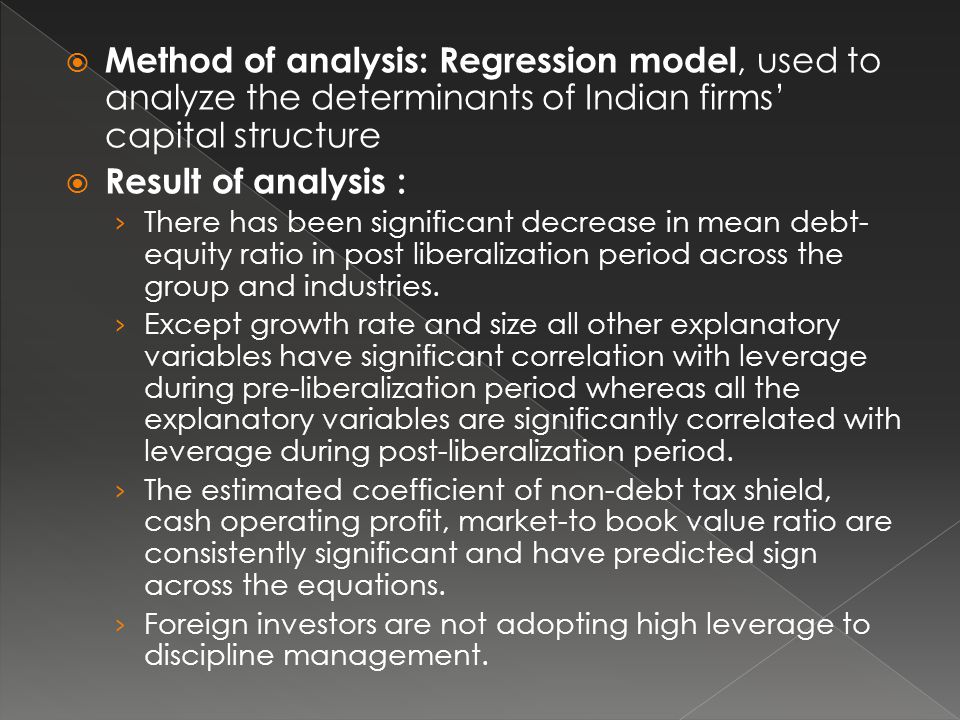 Method of analysis: Regression model, used to analyze the determinants of Indian firms’ capital structure