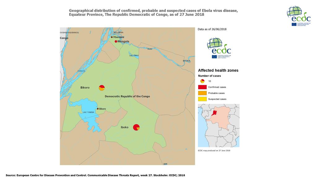 Geographical distribution of confirmed, probable and suspected cases of Ebola virus disease, Equateur Province, The Republic Democratic of Congo, as of 27 June 2018