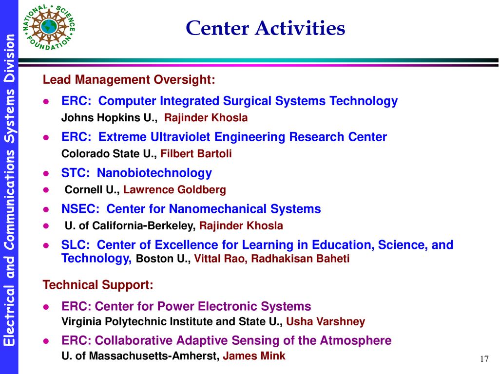 Center Activities Lead Management Oversight: