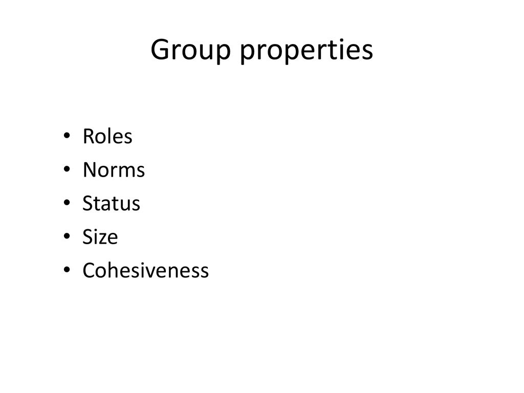 Group properties Roles Norms Status Size Cohesiveness