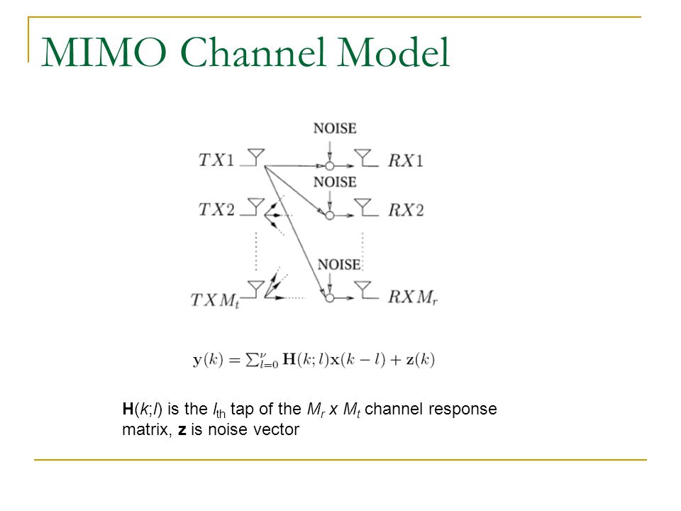 MIMO Channel Model H(k;l) is the lth tap of the Mr x Mt channel response matrix, z is noise vector