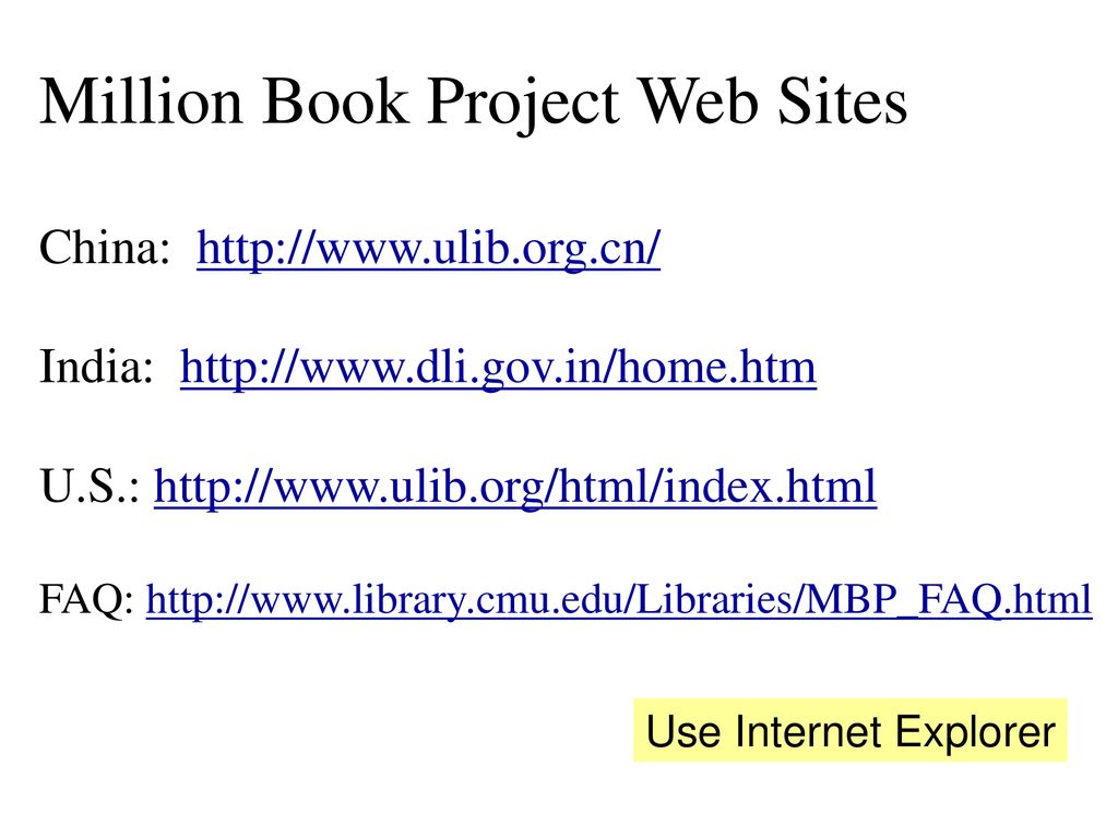 Million Book Project Web Sites