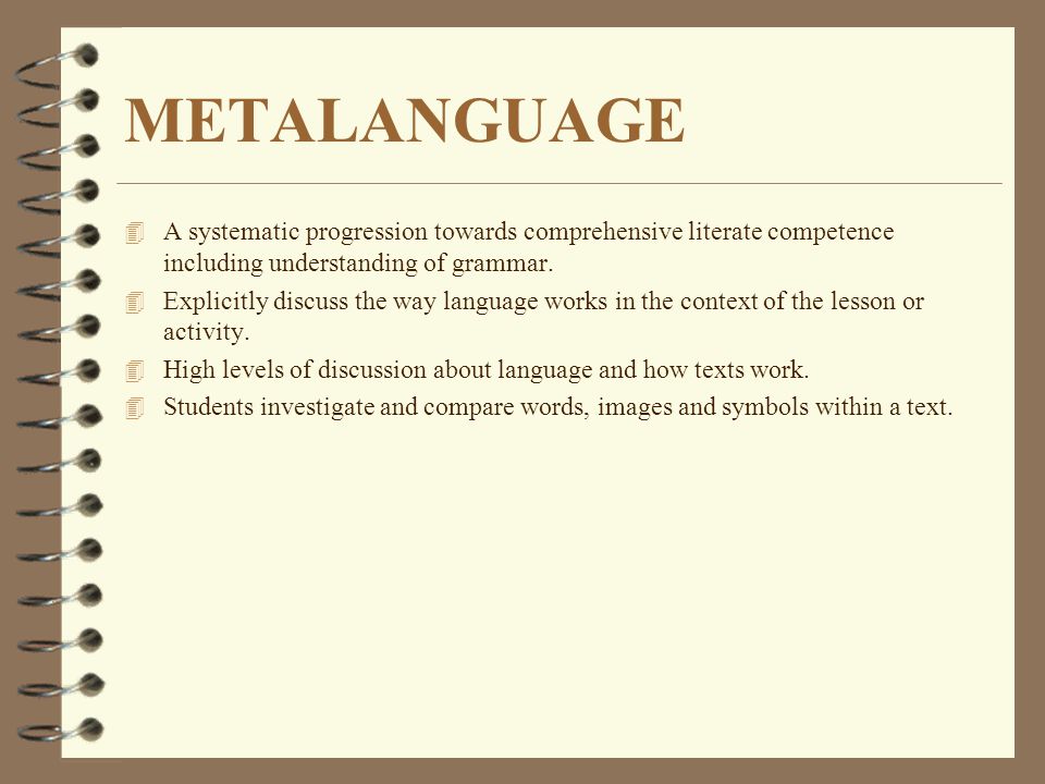 METALANGUAGE A systematic progression towards comprehensive literate competence including understanding of grammar.