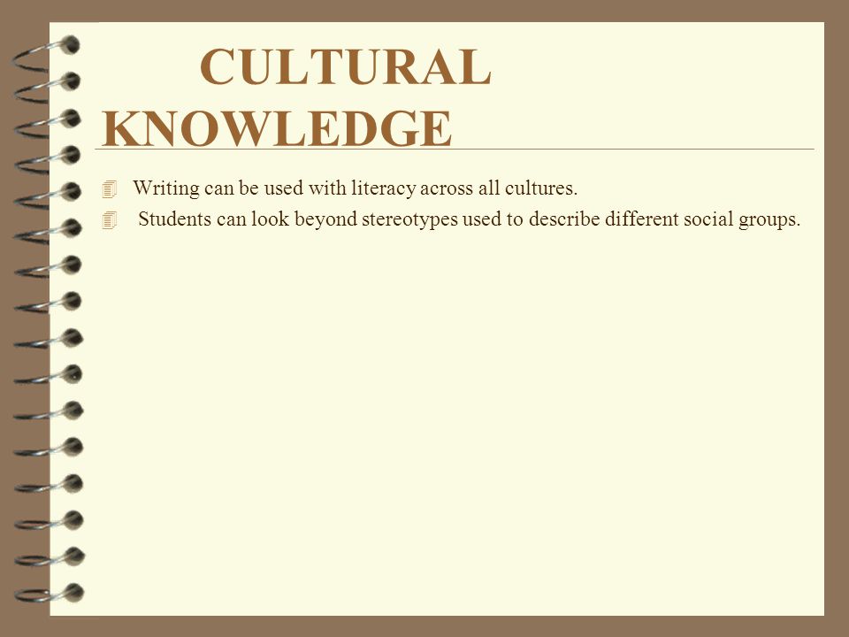 CULTURAL KNOWLEDGE Writing can be used with literacy across all cultures.