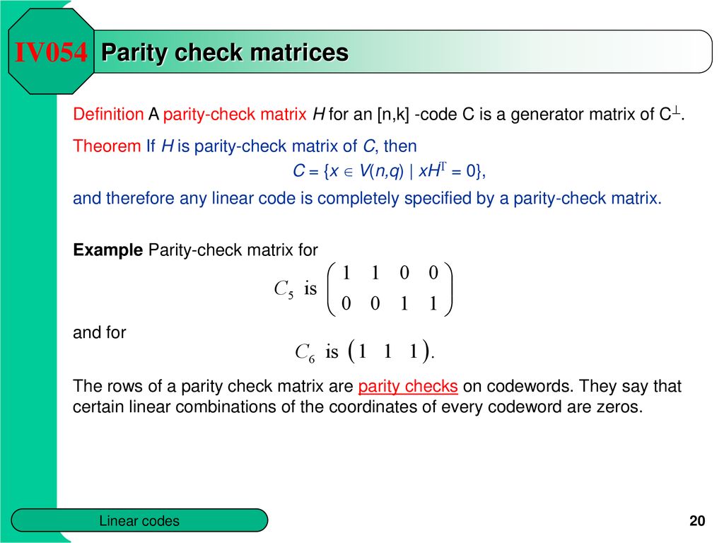 Iv054 Chapter 2 Linear Codes Abstract Ppt Download