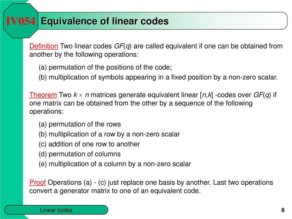IV054 CHAPTER 2: Linear codes ABSTRACT - ppt download