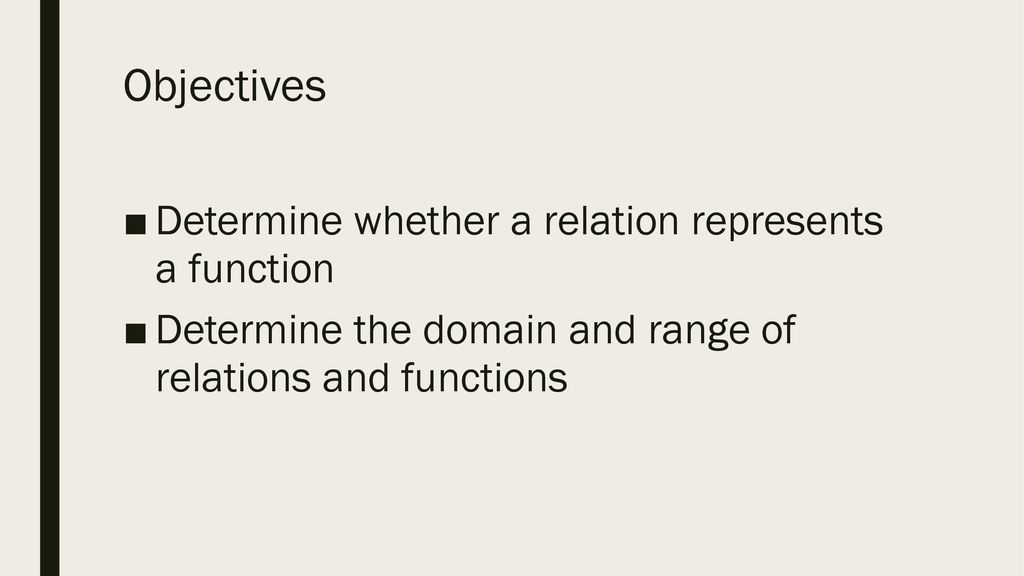 Objectives Determine whether a relation represents a function