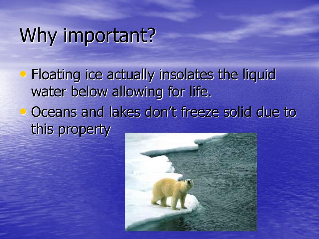 Why important. Floating ice actually insolates the liquid water below allowing for life.